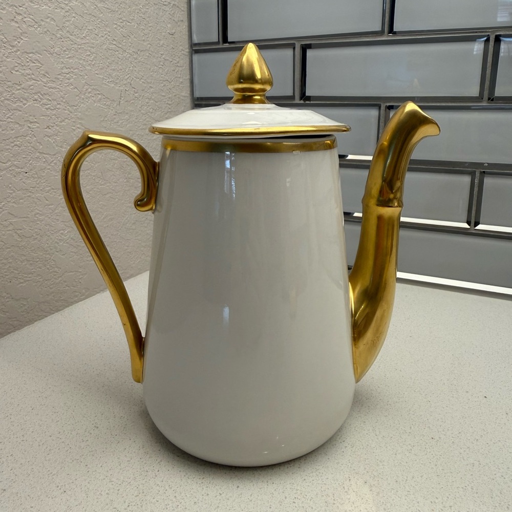 Vintage French Pilivite White Gold Porcelain Coffee Pot Teapot Mid-Century 1950s - Picture 5 of 16